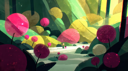 A surreal and colorful forest landscape with abstract, lollipop-like trees and rolling hills under a bright sky.の素材