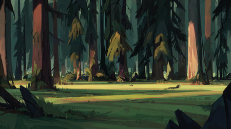 A mystical forest scene with dappled sunlight illuminating a clearing. Silhouettes of figures can be seen amongst the trees, adding an air of mystery.の素材