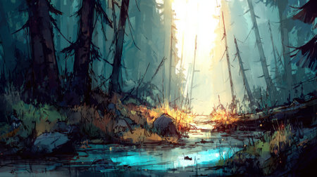 A mystical forest scene with a vibrant blue stream reflecting sunlight filtering through dense trees.の素材