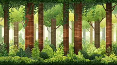 A vibrant and detailed illustration of a dense forest, featuring towering trees with textured bark and a carpet of lush green ferns and plants.の素材