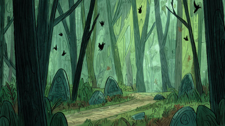 A mystical forest path winds through ancient trees, lined with glowing tombs and silhouetted flying creatures, creating an eerie yet captivating atmosphere.の素材