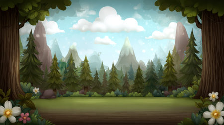 A serene clearing forest bathed in soft light, with lush green grass and vibrant wildflowers, framed by tall trees and a breathtaking view of distant, mist-shrouded mountains under a cloudy sky.の素材