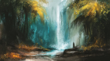 A breathtaking waterfall cascades down mossy rocks, surrounded by vibrant green foliage and dappled sunlight. A lone figure stands in awe of natures beauty.の素材