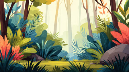A vibrant and colorful illustration of a dense forest with various plants and trees bathed in warm sunlight filtering through the canopy.の素材