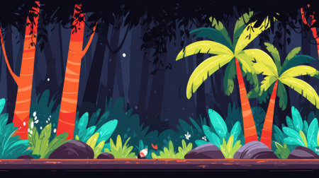 A vibrant and stylized jungle at night, featuring glowing fireflies, tall palm trees, and dense green foliage.の素材