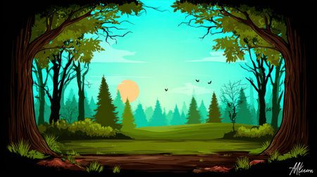A vibrant, stylized forest scene bathed in the soft glow of sunrise, featuring a clearing surrounded by trees and lush vegetation.の素材