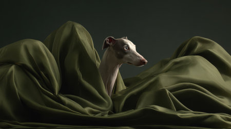 A graceful Whippet dog emerges from a dramatic arrangement of flowing green fabric, creating a sophisticated and artistic composition.の素材