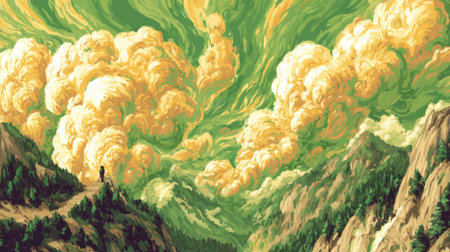 A dramatic and awe-inspiring landscape featuring turbulent, colorful clouds engulfing rugged mountain peaks, with a solitary figure observing the scene.の素材