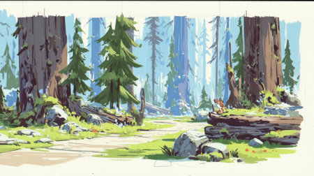 A serene forest scene with a path winding through majestic redwood trees, bathed in dappled sunlight.の素材