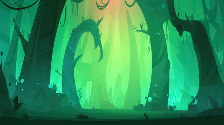 A mystical forest scene with a large, ancient tree trunk and glowing green light rays illuminating the path.の素材