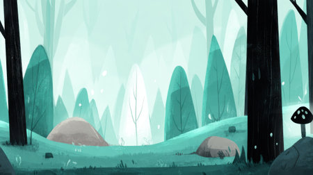 A serene and mystical forest scene with tall, stylized trees and glowing mushrooms, rendered in a cool, ethereal color palette.の素材