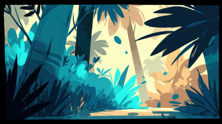 A vibrant and stylized jungle landscape bathed in warm, diffused sunlight, featuring lush green and teal foliage, tall trees, and a tranquil pool.の素材