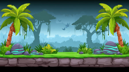 A vibrant and mystical jungle scene featuring lush palm trees, exotic plants, and a hazy mountain backdrop.の素材
