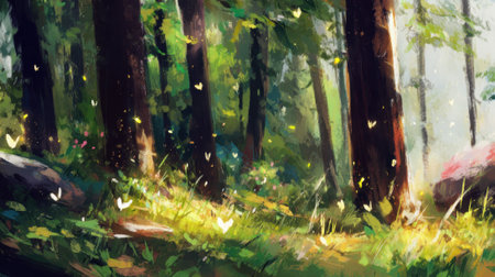 A magical forest bathed in dappled sunlight, with numerous white butterflies fluttering amongst the trees and lush greenery.の素材