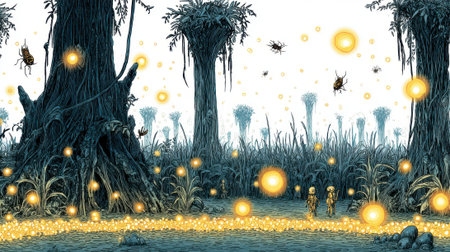 A mystical alien forest scene at dusk, featuring bizarre trees, bioluminescent plants, and flying insects.の素材