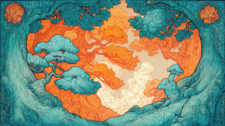 A surreal and vibrant forest scene with glowing orange and blue hues, featuring whimsical trees and hidden creature-like forms.の素材