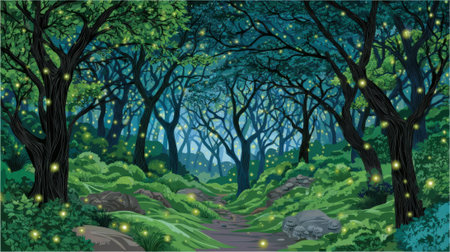 A mystical forest path winding through ancient trees, lit by the soft glow of fireflies.の素材