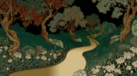A winding golden path leads through a mystical forest filled with vibrant green foliage and delicate white flowers.の素材