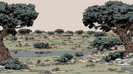 A wide view of a dry savannah with scattered acacia trees, rocky outcrops, and a small, calm waterhole reflecting the overcast sky.の素材