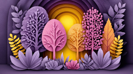A whimsical paper cut forest with stylized trees and foliage in shades of purple, pink, and yellow, set against a glowing yellow background.の素材