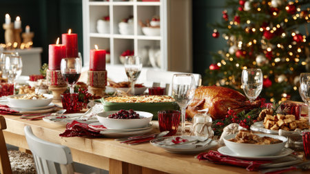 A beautifully set dining table for Christmas dinner, featuring a roasted turkey, red candles, wine glasses, and a decorated Christmas tree.の素材