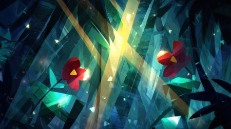 A mystical forest scene with vibrant red flowers, illuminated by ethereal light rays and sparkling particles.の素材