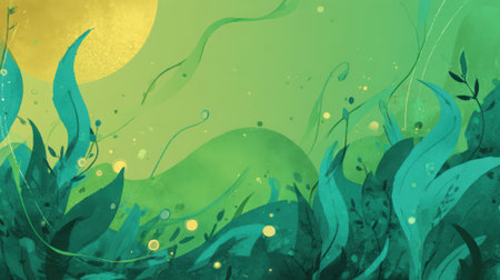 A vibrant illustration of a dense forest with large, stylized leaves and glowing orbs, bathed in warm sunlight.の素材