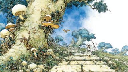 A magical forest scene featuring a large, gnarled tree adorned with glowing mushrooms, leading to a stone pathway ascending into a misty, ethereal landscape.の素材