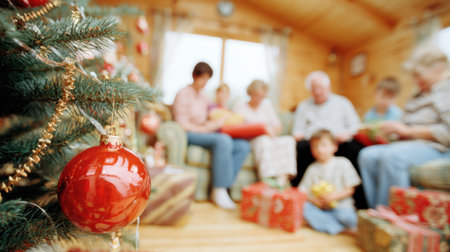 A warm and cozy Christmas scene with a multi-generational family exchanging gifts around a decorated tree.の素材
