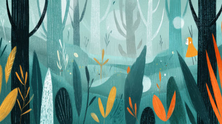 A stylized, colorful forest scene with lush plants and trees, evoking a sense of wonder and tranquility.の素材