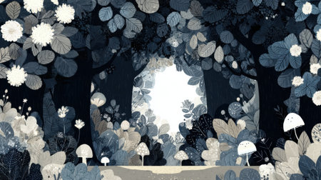 A mystical forest path illuminated by a bright light at the end, with glowing mushrooms and stylized leaves creating a magical atmosphere.の素材