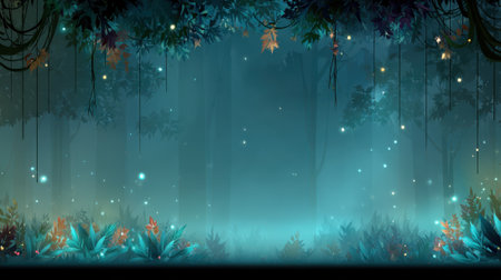 A mystical forest scene with glowing orbs and vibrant green plants, creating an ethereal and magical atmosphere.の素材