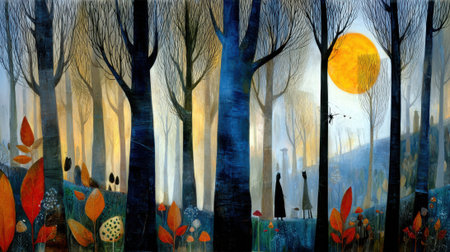 A mystical forest bathed in the glow of a large yellow moon, with silhouetted figures walking among the trees and vibrant foliage.の素材