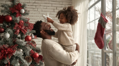 A father holds his daughter as they place a star on top of a decorated Christmas tree, celebrating the holidays.の素材