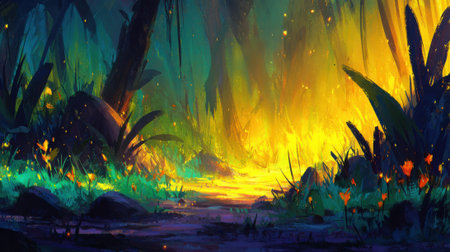 A mystical jungle path bathed in warm golden light, with lush foliage and glowing particles.の素材