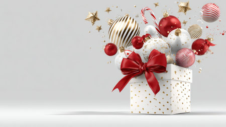 A whimsical Christmas gift box erupts with a vibrant assortment of holiday ornaments, ribbons, and sparkling confetti, creating a joyful and celebratory scene.の素材
