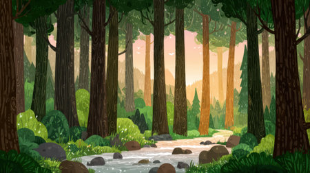 A serene forest scene with a clear stream flowing over rocks, bathed in the warm glow of sunrise filtering through tall trees and vibrant green foliage.の素材
