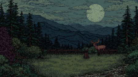 A serene night landscape featuring a full moon illuminating a dense forest and a tranquil meadow where a deer peacefully grazes.の素材