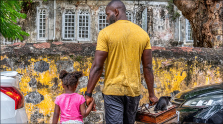 A father and his young daughter walk together holding hands, carrying luggage, in front of a colorful building.の素材