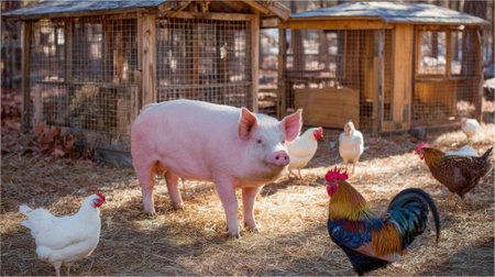A large pink pig stands in a farmyard surrounded by chickens and roosters, with wooden structures in the background.の素材