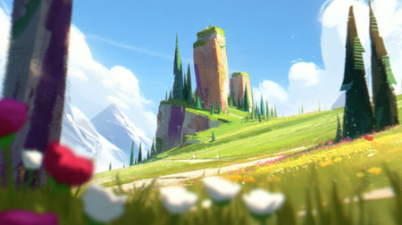 A vibrant, stylized fantasy landscape featuring a prominent rock tower, rolling green hills, and a path lined with flowers under a bright sky.の素材