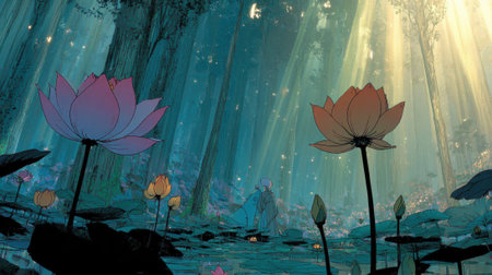 A serene and magical lotus pond bathed in ethereal sunbeams, creating a mystical and tranquil atmosphere.の素材