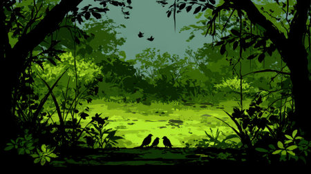 A serene forest scene with dense foliage and a bright green clearing, featuring two birds in silhouette.の素材