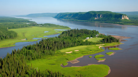 Aerial view of a wide river flowing through a verdant landscape, featuring islands covered in trees and golf course greens, with imposing cliffs in the distance.の素材