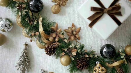 A close-up overhead view of a decorated Christmas garland with ornaments, pinecones, and baubles, alongside a white gift box with a brown velvet ribbon.の素材