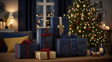 A warm and inviting scene with a beautifully decorated Christmas tree and a pile of elegantly wrapped gifts.の素材