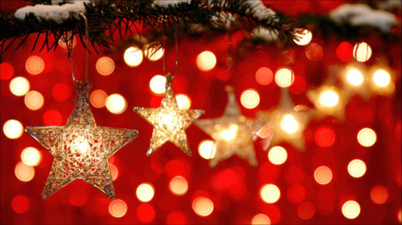 Close-up of illuminated Christmas star ornaments hanging in front of a blurred red background with bokeh lights.の素材