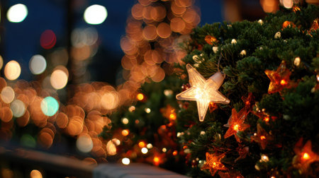 Close-up of a glowing star ornament on a decorated Christmas tree, with blurred colorful bokeh lights in the background.の素材