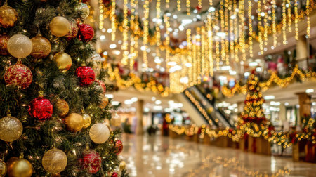 A beautifully decorated Christmas tree with ornaments stands in a brightly lit shopping mall, adorned with festive lights and garlands.の素材