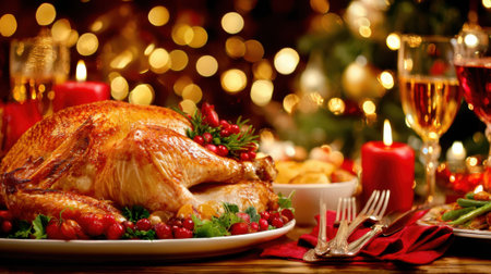 A beautifully roasted turkey centerpiece on a festive holiday table, adorned with cranberries and herbs, set against a backdrop of warm bokeh lights and a Christmas tree.の素材